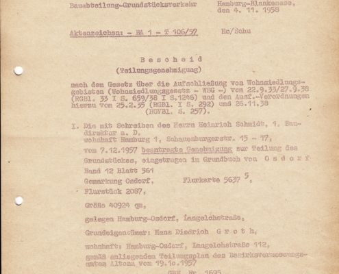 Teilungsgenehmigung Tönninger Weg vom 4.11.1958 - Seite 1
